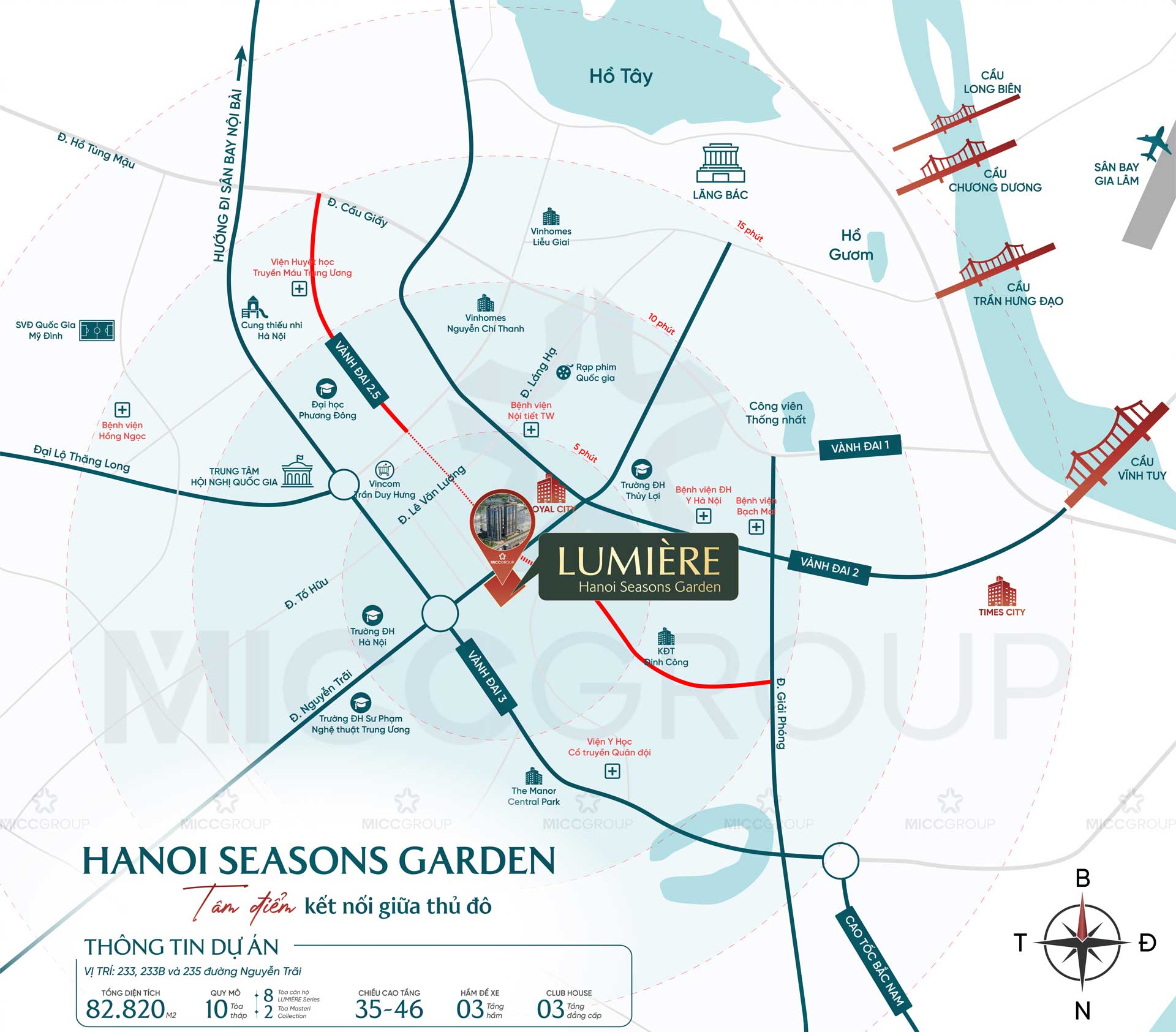 Bản đồ liên kết vùng và hệ thống tiện ích ngoại khu đẳng cấp bao quanh dự án Hanoi Seasons Garden (Masterise Cao Xà Lá) trong bán kính từ 5 đến 15 phút di chuyển.