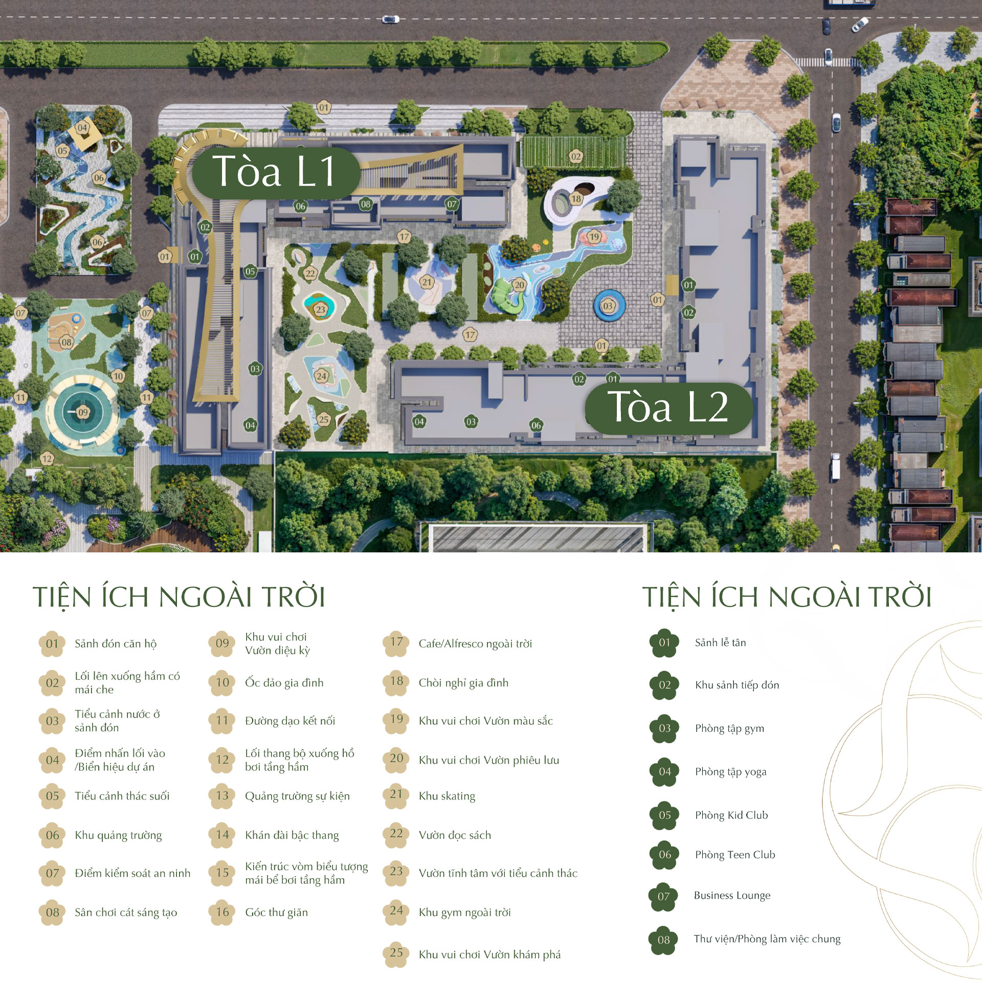 Bản đồ mặt bằng phân bố tiện ích chi tiết tại tòa L1 và L2 phân khu The Bloom dự án Hanoi Seasons Garden