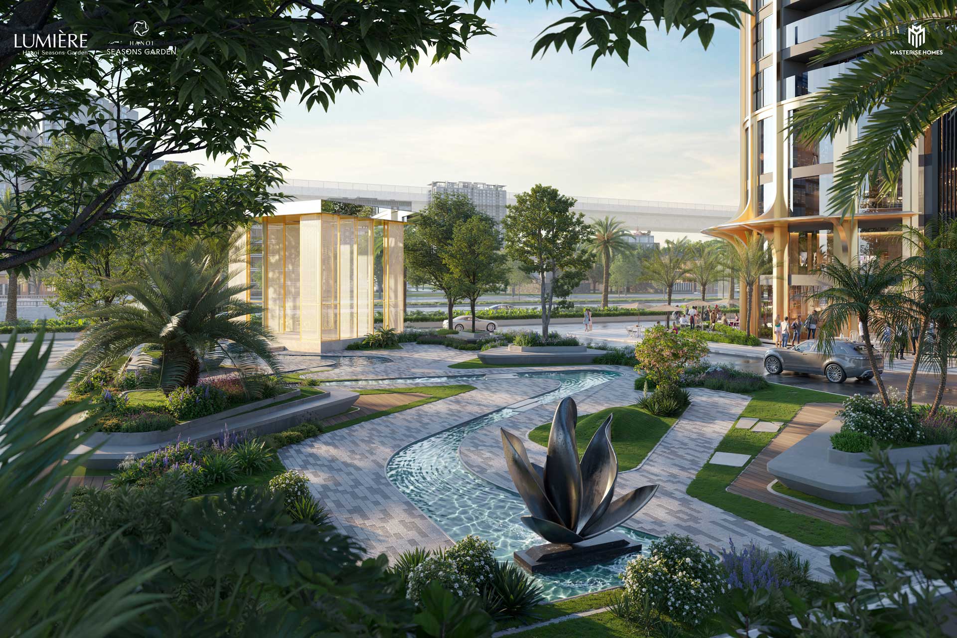 Vườn tĩnh tâm với tiểu cảnh thác nước êm đềm tại nội khu dự án Hanoi Seasons Garden